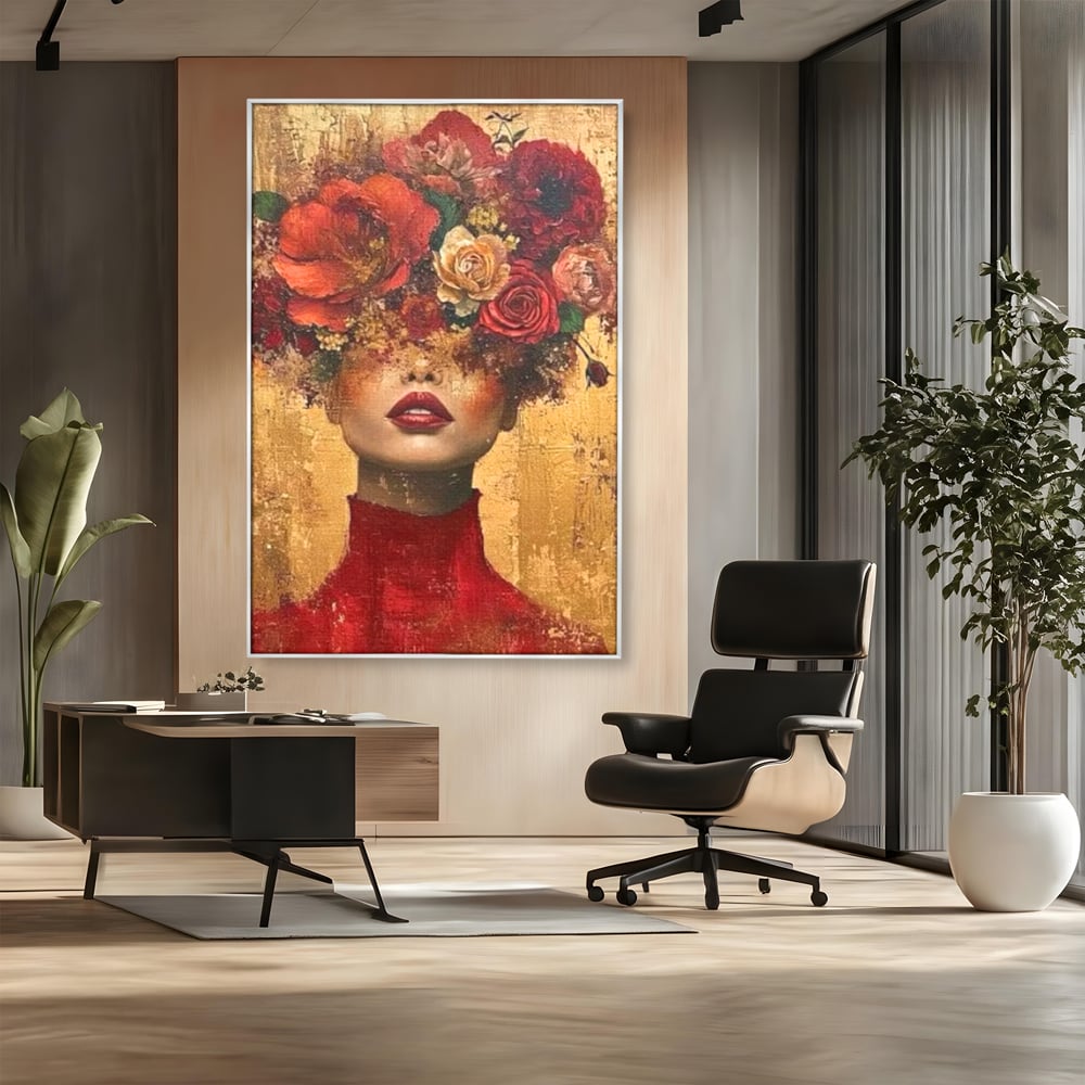 Tablou canvas cu tablou canvas cu portret de femeie si flori, in rama de aluminiu argintiu, pe perete intr-un birou